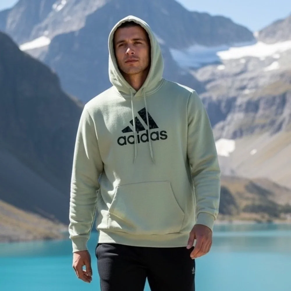 Adidas Essentials Big Logo Hoodie Sage Green Camo Print HY3075 Mens 2XL EUC